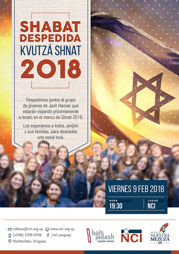 Shabat despedida Kvutzá Shnat 2018. Despedimos juntos al grupo de jóvenes de Jazit Hanoar que estarán vianado próximamente a Israel en el marco de Shnat 2018. Viernes 9 de febrero, 19:30 hs.